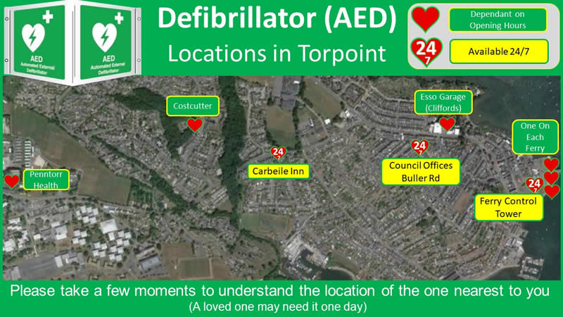 Map 
showing location of Defibrillators in Torpoint